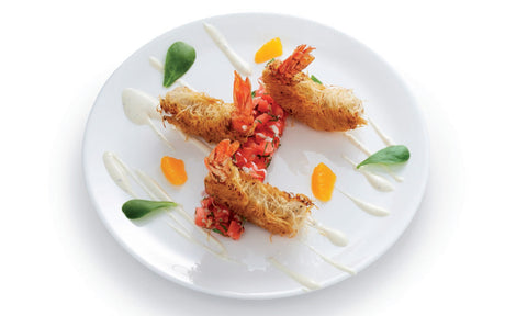 Crispy King Prawns, Cumin and Coconut Mascarpone, Tomato Tartare